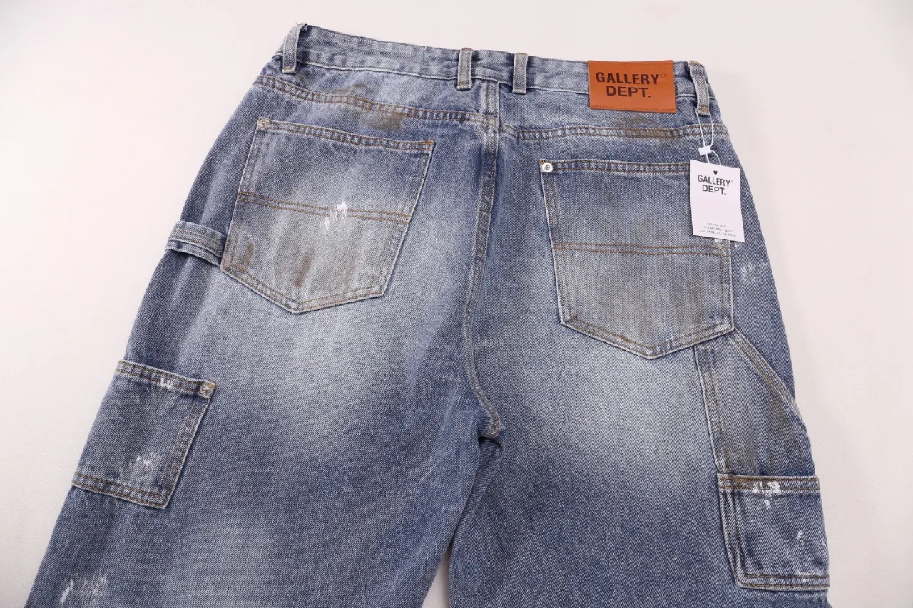 651#Gallery Dept New Retro Old Splashed Paint Holes Dirty Feng Shui Washed Mud Dyeing Logging Workwear Jeans American High Street Casual Workwear Trousers Washed Blue S～XL p290